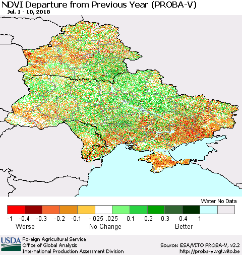 Ukraine, Moldova and Belarus NDVI Departure from Previous Year (PROBA-V) Thematic Map For 7/1/2018 - 7/10/2018
