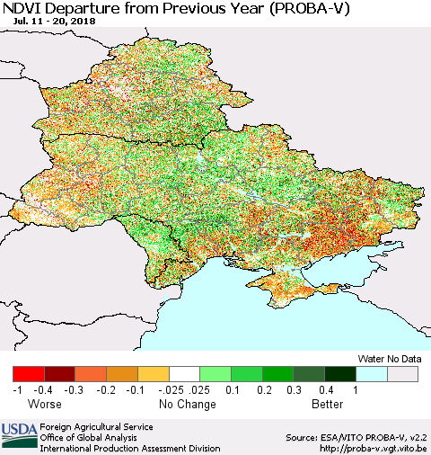 Ukraine, Moldova and Belarus NDVI Departure from Previous Year (PROBA-V) Thematic Map For 7/11/2018 - 7/20/2018