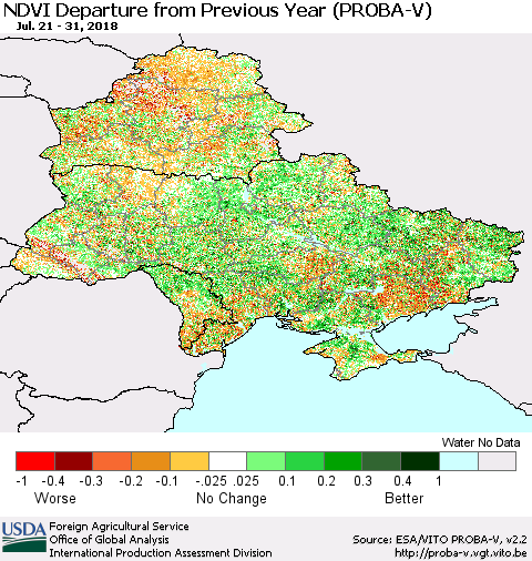 Ukraine, Moldova and Belarus NDVI Departure from Previous Year (PROBA-V) Thematic Map For 7/21/2018 - 7/31/2018