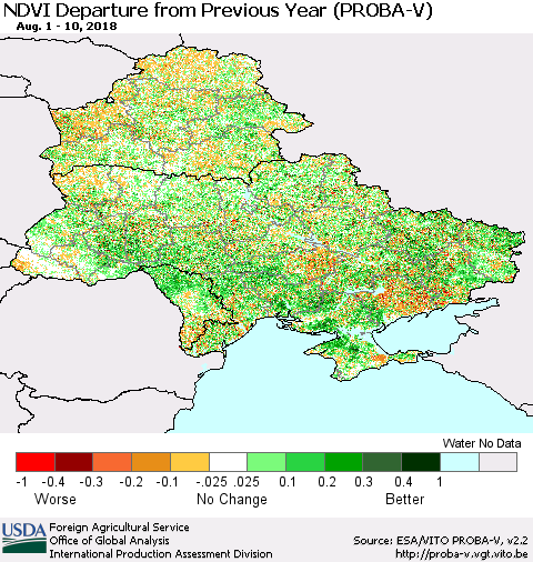 Ukraine, Moldova and Belarus NDVI Departure from Previous Year (PROBA-V) Thematic Map For 8/1/2018 - 8/10/2018