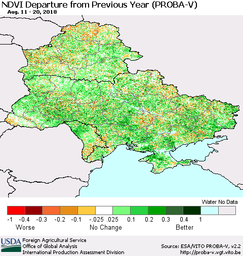 Ukraine, Moldova and Belarus NDVI Departure from Previous Year (PROBA-V) Thematic Map For 8/11/2018 - 8/20/2018