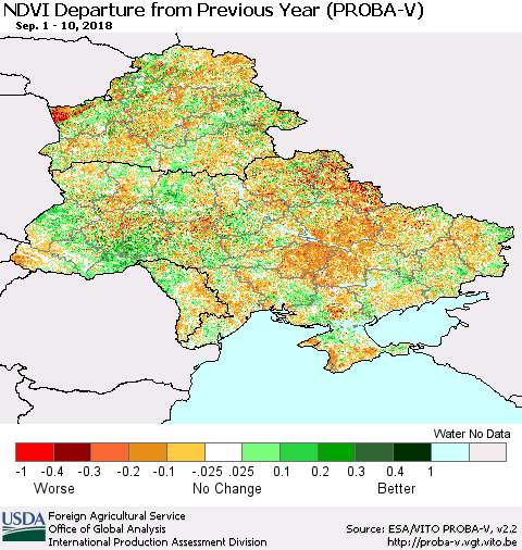 Ukraine, Moldova and Belarus NDVI Departure from Previous Year (PROBA-V) Thematic Map For 9/1/2018 - 9/10/2018