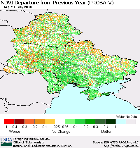 Ukraine, Moldova and Belarus NDVI Departure from Previous Year (PROBA-V) Thematic Map For 9/21/2018 - 9/30/2018