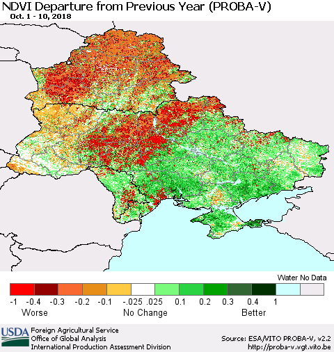 Ukraine, Moldova and Belarus NDVI Departure from Previous Year (PROBA-V) Thematic Map For 10/1/2018 - 10/10/2018