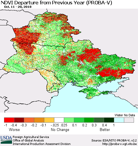 Ukraine, Moldova and Belarus NDVI Departure from Previous Year (PROBA-V) Thematic Map For 10/11/2018 - 10/20/2018