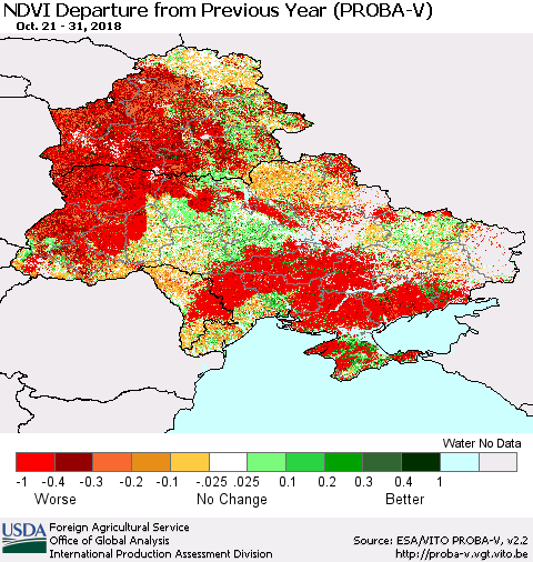 Ukraine, Moldova and Belarus NDVI Departure from Previous Year (PROBA-V) Thematic Map For 10/21/2018 - 10/31/2018