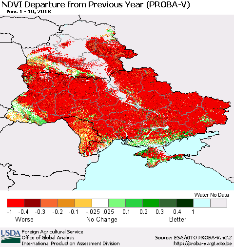 Ukraine, Moldova and Belarus NDVI Departure from Previous Year (PROBA-V) Thematic Map For 11/1/2018 - 11/10/2018