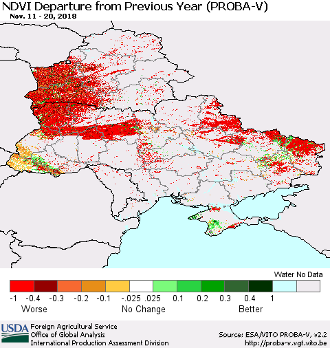 Ukraine, Moldova and Belarus NDVI Departure from Previous Year (PROBA-V) Thematic Map For 11/11/2018 - 11/20/2018