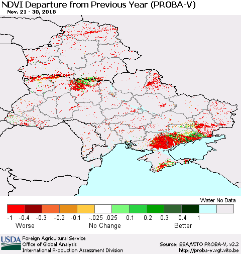 Ukraine, Moldova and Belarus NDVI Departure from Previous Year (PROBA-V) Thematic Map For 11/21/2018 - 11/30/2018