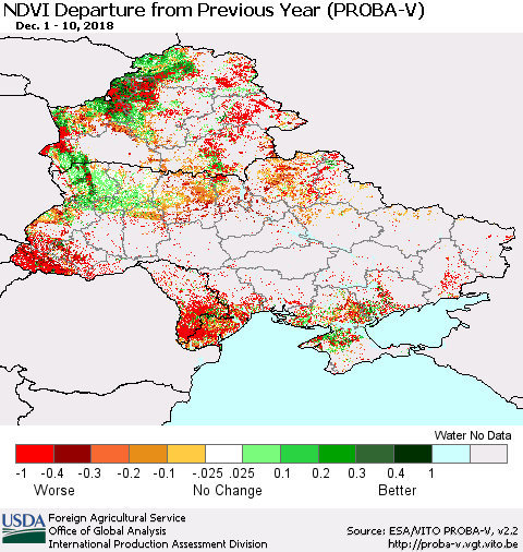Ukraine, Moldova and Belarus NDVI Departure from Previous Year (PROBA-V) Thematic Map For 12/1/2018 - 12/10/2018