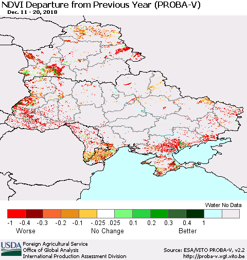 Ukraine, Moldova and Belarus NDVI Departure from Previous Year (PROBA-V) Thematic Map For 12/11/2018 - 12/20/2018