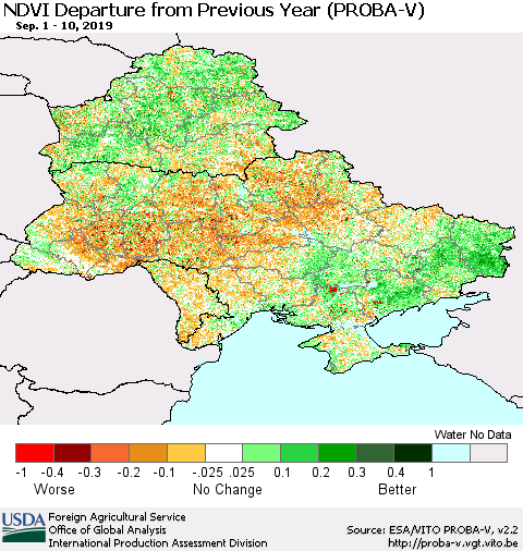 Ukraine, Moldova and Belarus NDVI Departure from Previous Year (PROBA-V) Thematic Map For 9/1/2019 - 9/10/2019