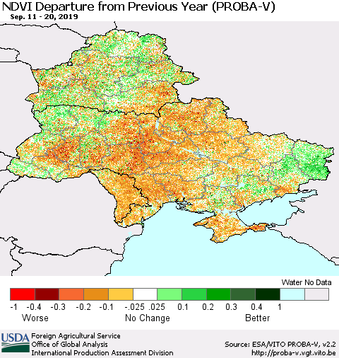 Ukraine, Moldova and Belarus NDVI Departure from Previous Year (PROBA-V) Thematic Map For 9/11/2019 - 9/20/2019