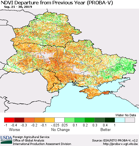 Ukraine, Moldova and Belarus NDVI Departure from Previous Year (PROBA-V) Thematic Map For 9/21/2019 - 9/30/2019