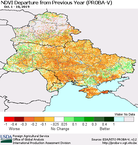 Ukraine, Moldova and Belarus NDVI Departure from Previous Year (PROBA-V) Thematic Map For 10/1/2019 - 10/10/2019