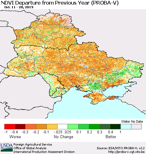 Ukraine, Moldova and Belarus NDVI Departure from Previous Year (PROBA-V) Thematic Map For 10/11/2019 - 10/20/2019