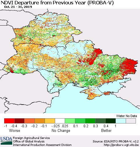 Ukraine, Moldova and Belarus NDVI Departure from Previous Year (PROBA-V) Thematic Map For 10/21/2019 - 10/31/2019