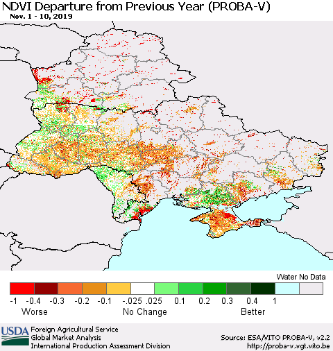 Ukraine, Moldova and Belarus NDVI Departure from Previous Year (PROBA-V) Thematic Map For 11/1/2019 - 11/10/2019