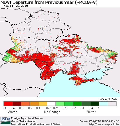 Ukraine, Moldova and Belarus NDVI Departure from Previous Year (PROBA-V) Thematic Map For 11/11/2019 - 11/20/2019