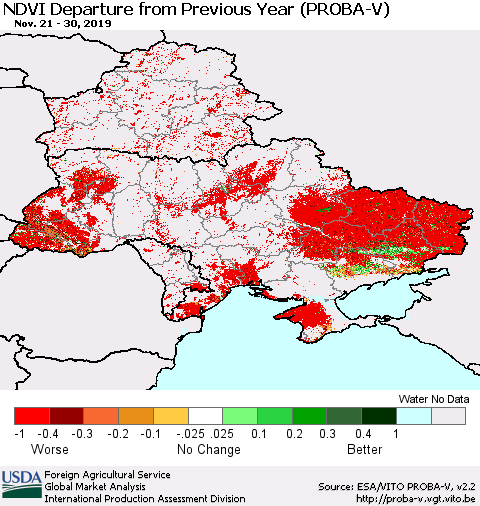 Ukraine, Moldova and Belarus NDVI Departure from Previous Year (PROBA-V) Thematic Map For 11/21/2019 - 11/30/2019