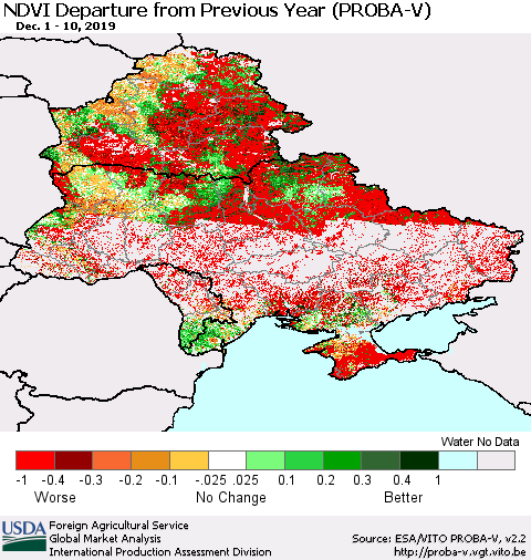 Ukraine, Moldova and Belarus NDVI Departure from Previous Year (PROBA-V) Thematic Map For 12/1/2019 - 12/10/2019