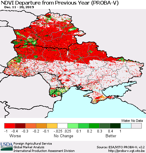 Ukraine, Moldova and Belarus NDVI Departure from Previous Year (PROBA-V) Thematic Map For 12/11/2019 - 12/20/2019