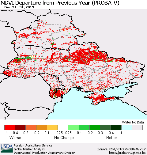 Ukraine, Moldova and Belarus NDVI Departure from Previous Year (PROBA-V) Thematic Map For 12/21/2019 - 12/31/2019
