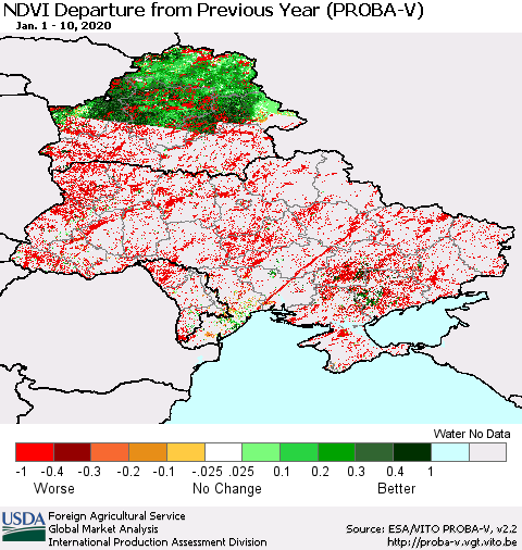 Ukraine, Moldova and Belarus NDVI Departure from Previous Year (PROBA-V) Thematic Map For 1/1/2020 - 1/10/2020