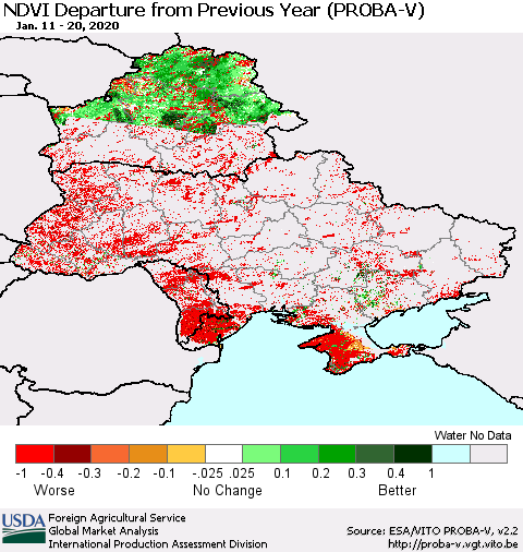 Ukraine, Moldova and Belarus NDVI Departure from Previous Year (PROBA-V) Thematic Map For 1/11/2020 - 1/20/2020