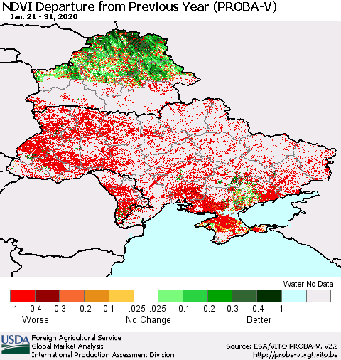 Ukraine, Moldova and Belarus NDVI Departure from Previous Year (PROBA-V) Thematic Map For 1/21/2020 - 1/31/2020