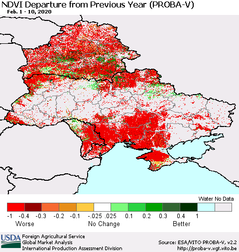 Ukraine, Moldova and Belarus NDVI Departure from Previous Year (PROBA-V) Thematic Map For 2/1/2020 - 2/10/2020