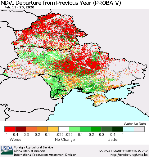 Ukraine, Moldova and Belarus NDVI Departure from Previous Year (PROBA-V) Thematic Map For 2/11/2020 - 2/20/2020
