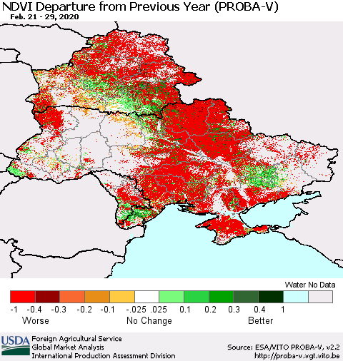 Ukraine, Moldova and Belarus NDVI Departure from Previous Year (PROBA-V) Thematic Map For 2/21/2020 - 2/29/2020