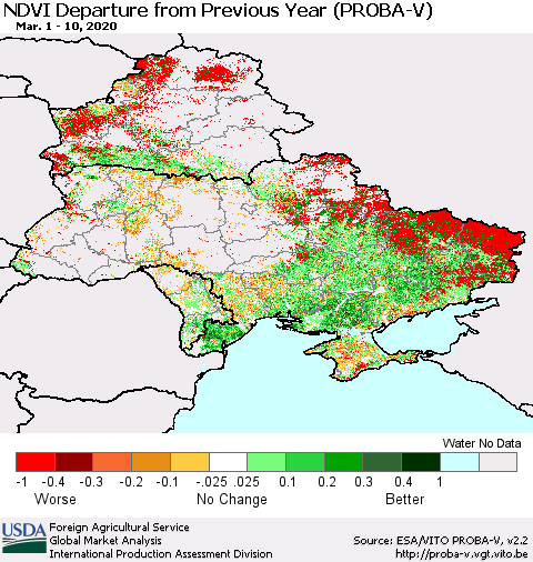 Ukraine, Moldova and Belarus NDVI Departure from Previous Year (PROBA-V) Thematic Map For 3/1/2020 - 3/10/2020