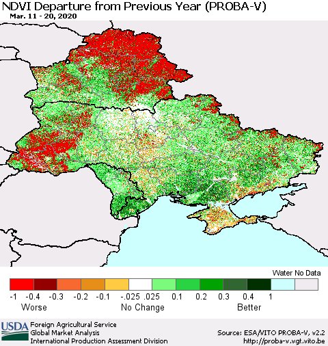 Ukraine, Moldova and Belarus NDVI Departure from Previous Year (PROBA-V) Thematic Map For 3/11/2020 - 3/20/2020