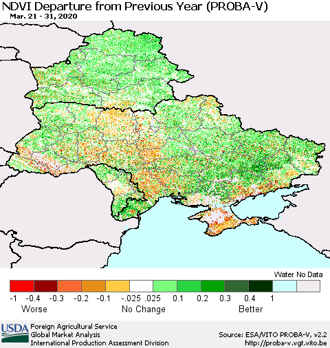 Ukraine, Moldova and Belarus NDVI Departure from Previous Year (PROBA-V) Thematic Map For 3/21/2020 - 3/31/2020