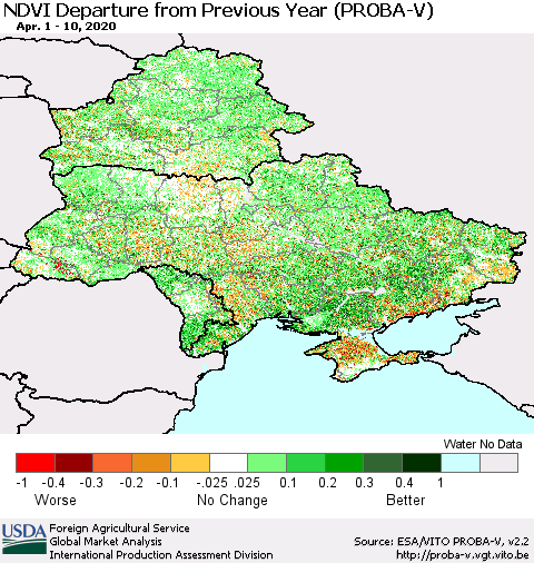 Ukraine, Moldova and Belarus NDVI Departure from Previous Year (PROBA-V) Thematic Map For 4/1/2020 - 4/10/2020