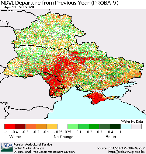 Ukraine, Moldova and Belarus NDVI Departure from Previous Year (PROBA-V) Thematic Map For 4/11/2020 - 4/20/2020