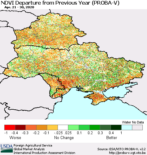 Ukraine, Moldova and Belarus NDVI Departure from Previous Year (PROBA-V) Thematic Map For 4/21/2020 - 4/30/2020