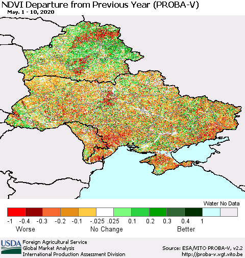 Ukraine, Moldova and Belarus NDVI Departure from Previous Year (PROBA-V) Thematic Map For 5/1/2020 - 5/10/2020