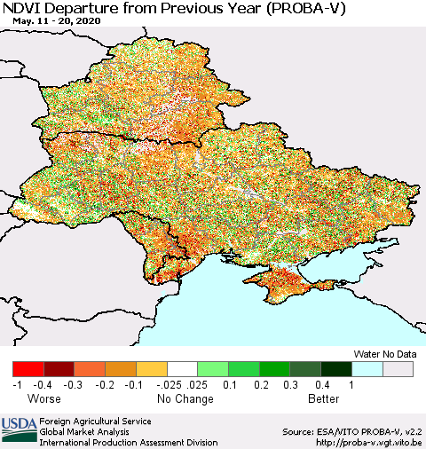 Ukraine, Moldova and Belarus NDVI Departure from Previous Year (PROBA-V) Thematic Map For 5/11/2020 - 5/20/2020