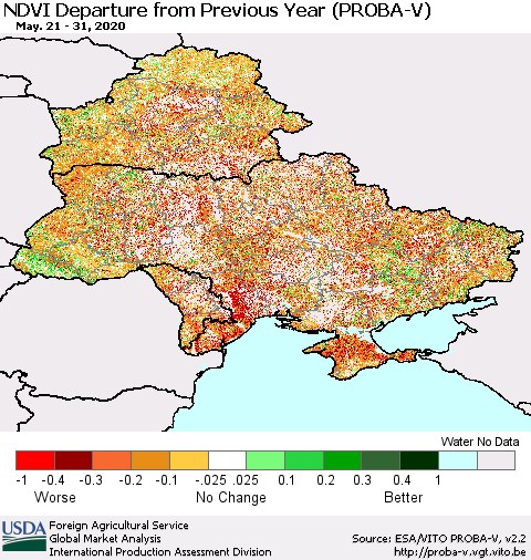 Ukraine, Moldova and Belarus NDVI Departure from Previous Year (PROBA-V) Thematic Map For 5/21/2020 - 5/31/2020