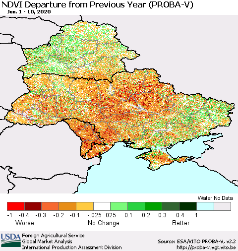 Ukraine, Moldova and Belarus NDVI Departure from Previous Year (PROBA-V) Thematic Map For 6/1/2020 - 6/10/2020
