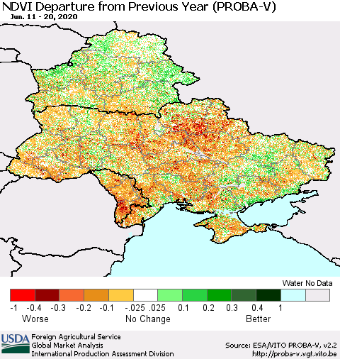 Ukraine, Moldova and Belarus NDVI Departure from Previous Year (PROBA-V) Thematic Map For 6/11/2020 - 6/20/2020