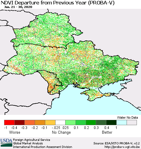Ukraine, Moldova and Belarus NDVI Departure from Previous Year (PROBA-V) Thematic Map For 6/21/2020 - 6/30/2020