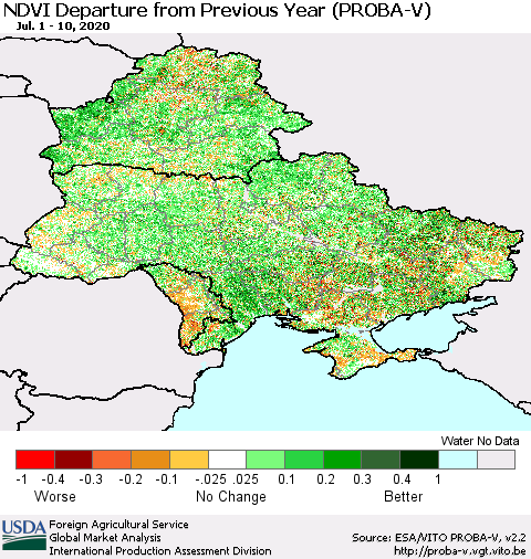 Ukraine, Moldova and Belarus NDVI Departure from Previous Year (PROBA-V) Thematic Map For 7/1/2020 - 7/10/2020