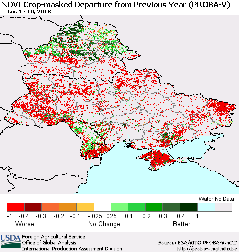 Ukraine, Moldova and Belarus NDVI Crop-masked Departure from Previous Year (PROBA-V) Thematic Map For 1/1/2018 - 1/10/2018