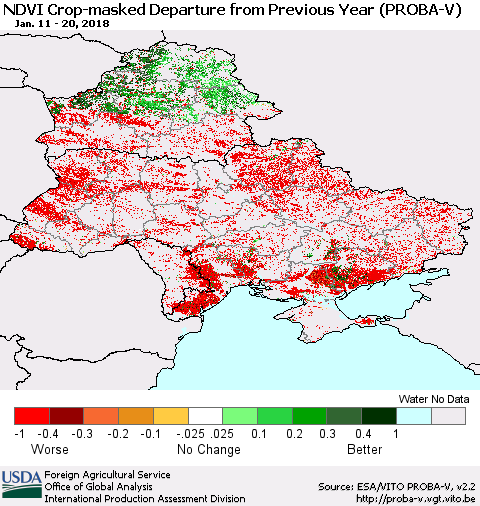 Ukraine, Moldova and Belarus NDVI Crop-masked Departure from Previous Year (PROBA-V) Thematic Map For 1/11/2018 - 1/20/2018