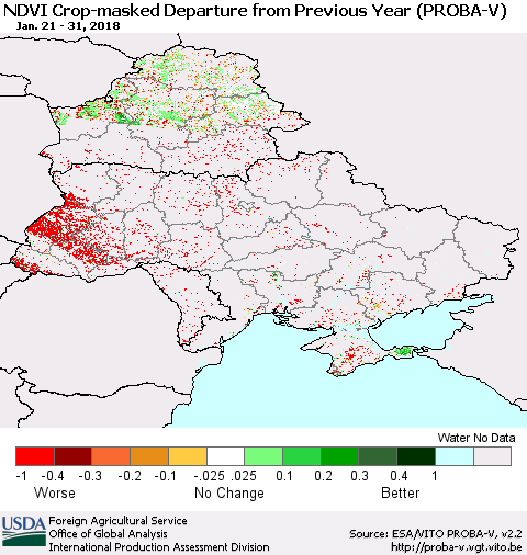Ukraine, Moldova and Belarus NDVI Crop-masked Departure from Previous Year (PROBA-V) Thematic Map For 1/21/2018 - 1/31/2018