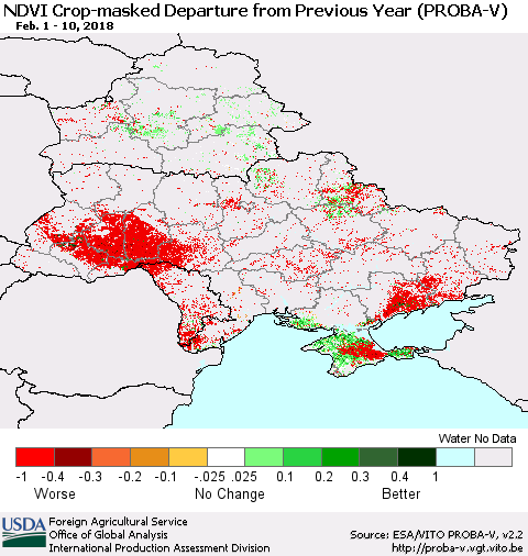 Ukraine, Moldova and Belarus NDVI Crop-masked Departure from Previous Year (PROBA-V) Thematic Map For 2/1/2018 - 2/10/2018